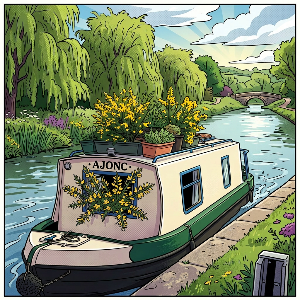 Canal boat named AJONC with yellow flowering plants on top, two dogs at the front, and a woman steering from the back.